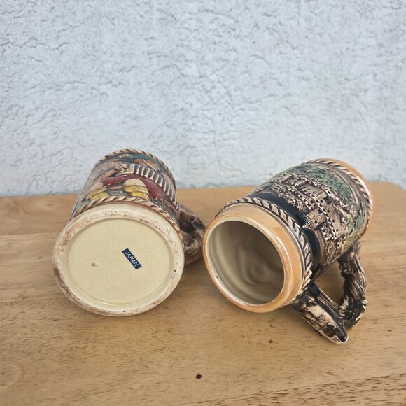 Vintage Ceramic Beer Stein Set - 2 Mugs w/ Man & Woman Print - German Style - Picture 4 of 5